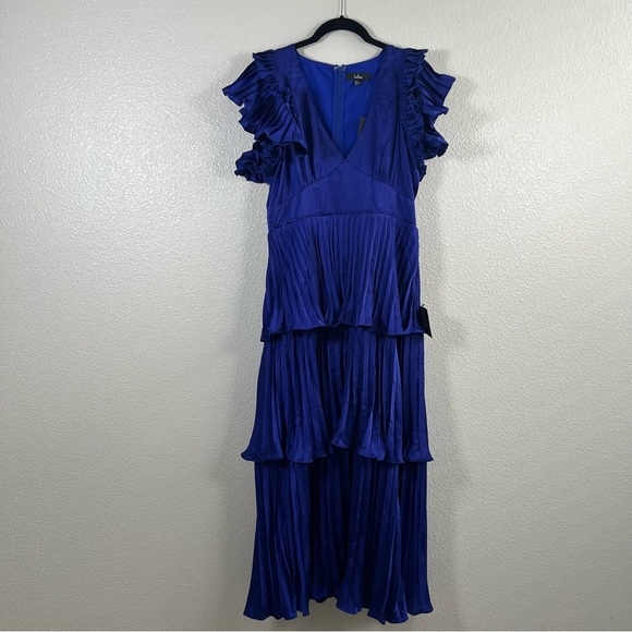 NWT Lulus Stunning Desire Cobalt Blue Satin Pleated Tiered Midi Dress MD - Picture 4 of 8